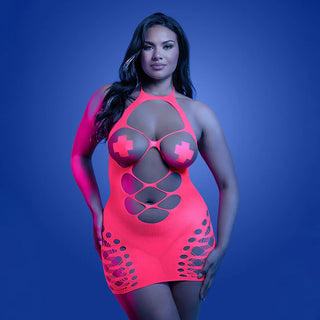 Fantasy Lingerie Glow Aphrodisiac Blacklight Reactive Open Bodice Halter Dress & Pasties Set