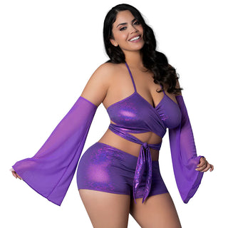 Magic Silk Glimmer Wrap Bralette, Booty Shorts & Sleeve Set