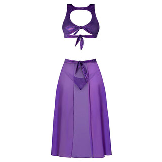 Magic Silk Glimmer High Neck Crop Top, Flowy Skirt & Tanga Set