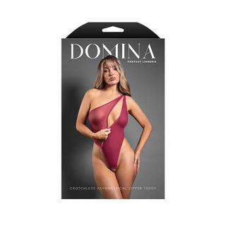 Fantasy Lingerie Domina Crotchless One-Shoulder Teddy with Asymmetrical Front Zipper Berry