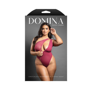 Fantasy Lingerie Domina Crotchless One-Shoulder Teddy with Asymmetrical Front Zipper Berry