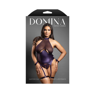 Fantasy Lingerie Domina Gartered Bustier & Crotchless Panty w/Detachable Restraints/Garters Deep Purple