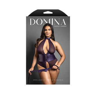 Fantasy Lingerie Domina Open Halter Teddy with Lace-Up Detail & Blindfold Deep Purple