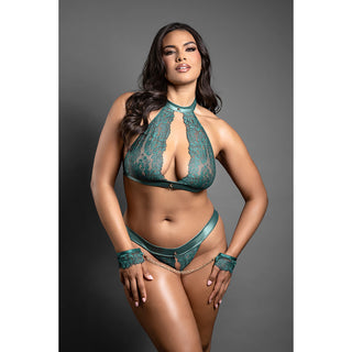 Fantasy Lingerie Domina Keyhole Halter Bralette & Open Panty with Detachable Chain-Link Cuffs Pine Green
