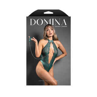 Fantasy Lingerie Domina Keyhole Halter Teddy with Detachable Chain-Link Leash Pine Green