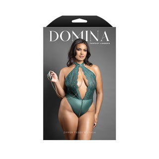 Fantasy Lingerie Domina Keyhole Halter Teddy with Detachable Chain-Link Leash Pine Green