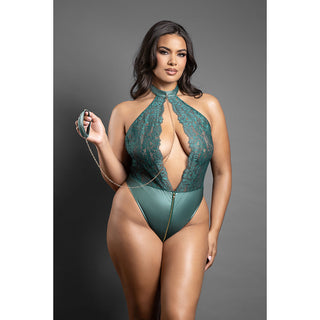 Fantasy Lingerie Domina Keyhole Halter Teddy with Detachable Chain-Link Leash Pine Green