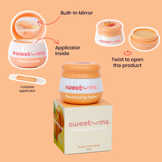 Sweetums Peach Flavored Vegan Lip Balm With Built-in Mirror & Applicator
