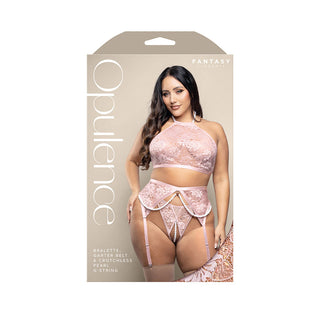 Fantasy Lingerie Opulence Pearl Halter Bralette, Garter Belt & Crotchless Pearl G-String Light Pink