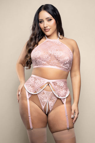 Fantasy Lingerie Opulence Pearl Halter Bralette, Garter Belt & Crotchless Pearl G-String Light Pink