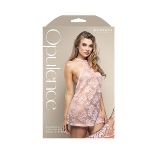 Fantasy Lingerie Opulence Pearl Draped Open-Back Halter Chemise & Crotchless Pearl G-String Light Pink