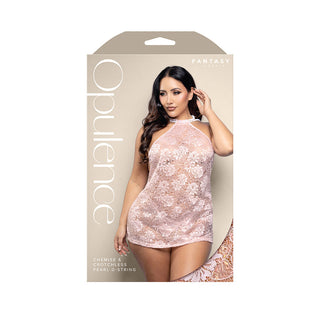 Fantasy Lingerie Opulence Pearl Draped Open-Back Halter Chemise & Crotchless Pearl G-String Light Pink