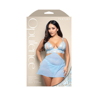 Fantasy Lingerie Opulence Split Pearl Cup Bralette, Detachable Skirt & Adjustable Pearl G-String Light Blue
