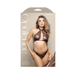 Fantasy Lingerie Opulence Pearl Underbust Halter Top & Adjustable Pearl String Open Panty Chocolate