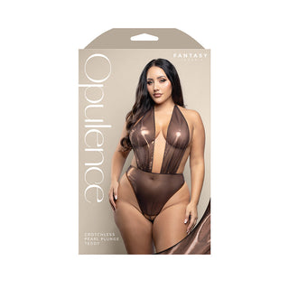 Fantasy Lingerie Opulence Crotchless Pearl Plunge Halter Teddy with Adjustable Pearl G-String Chocolate