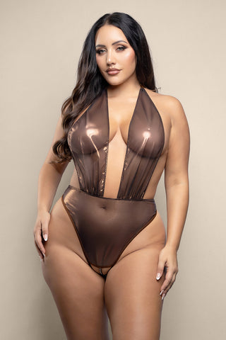 Fantasy Lingerie Opulence Crotchless Pearl Plunge Halter Teddy with Adjustable Pearl G-String Chocolate