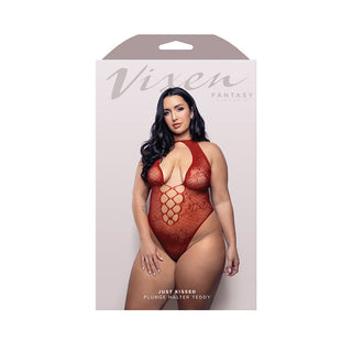 Fantasy Lingerie Vixen Just Kissed Halter Tie Plunge Teddy Red