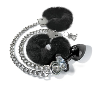 Nixie Metal Butt Plug & Attached Furry Handcuff Set Medium