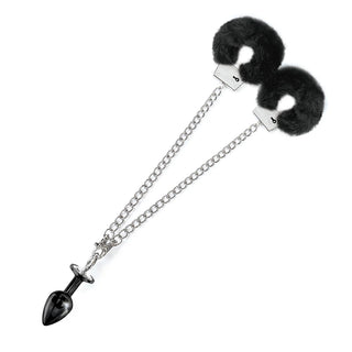 Nixie Metal Butt Plug & Attached Furry Handcuff Set Medium