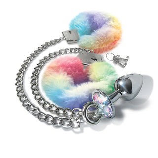 Nixie Metal Butt Plug & Attached Furry Handcuff Set Medium