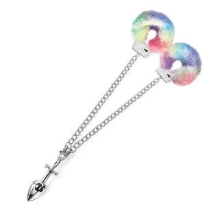 Nixie Metal Butt Plug & Attached Furry Handcuff Set Medium