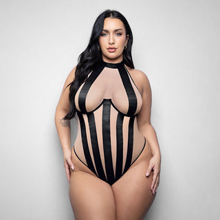 Fantasy Lingerie Elusive Verena High Neck Teddy with Stripe Detail