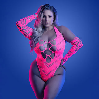 Fantasy Lingerie Glow Flashback UV Rhinestone Fishnet Teddy & Matching Gloves Queen Size