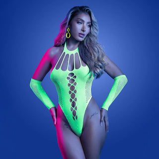 Fantasy Lingerie Glow Pressure Point UV Rhinestone Knit Teddy & Matching Gloves