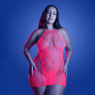 Fantasy Lingerie Glow Back It Up Halter Dress in Floral Knit and Fishnet