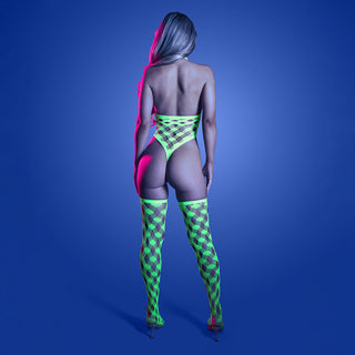 Fantasy Lingerie Glow Adrenaline Halter Teddy & Stockings in Rhinestone Fishnet