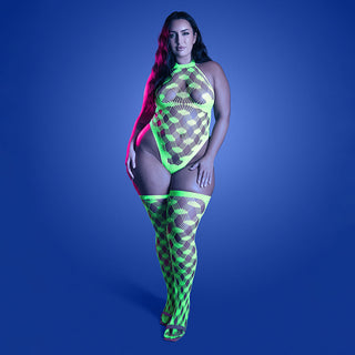 Fantasy Lingerie Glow Adrenaline Halter Teddy & Stockings in Rhinestone Fishnet