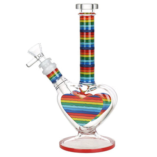 Rainbow Striped Heart Glass Water Pipe - 8.5" / 14mm F - Horny Stoner