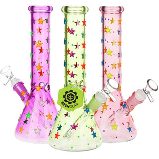 SeshGear Shining Star Glow in the Dark Beaker Glass Water Pipe - 10" / 14mm F /3CT BUNDLE -  Assorted Colors
