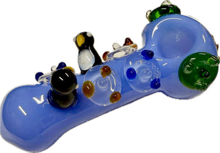 Ripkitty 4.5" Tobacco Dry Herb Hand Pipe Spoon Color Tube Glass with Penguins Art
